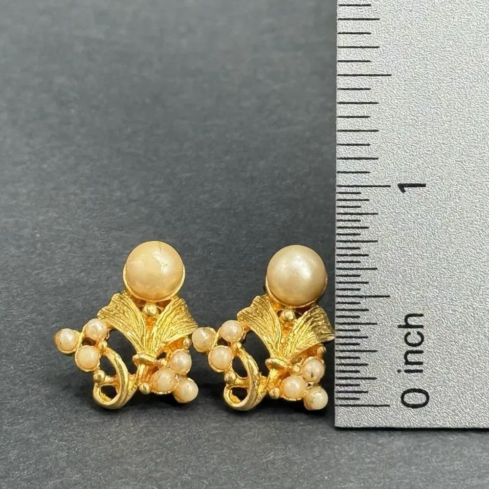 Vintage Gold-Tone Costume Earring Lot Red Rhinestone Hat Faux Pearl Enamel